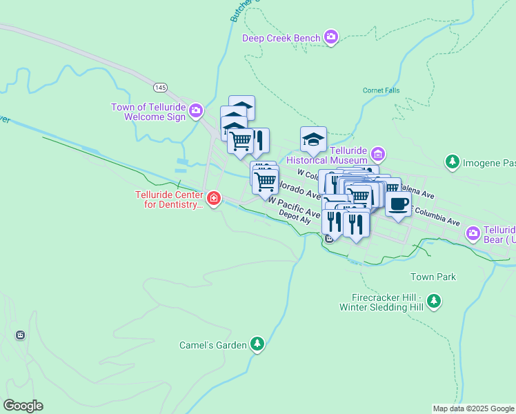 map of restaurants, bars, coffee shops, grocery stores, and more near 663 West Pacific Avenue in Telluride