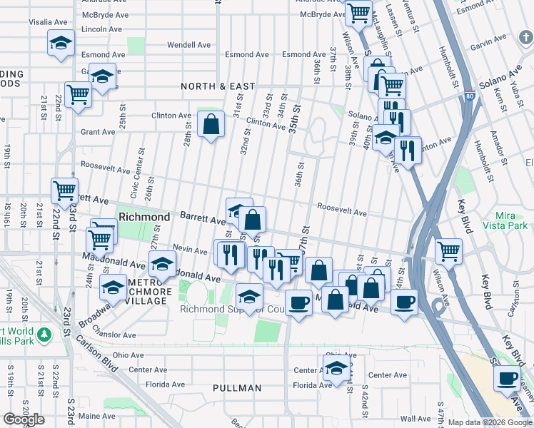 map of restaurants, bars, coffee shops, grocery stores, and more near 561 35th Street in Richmond
