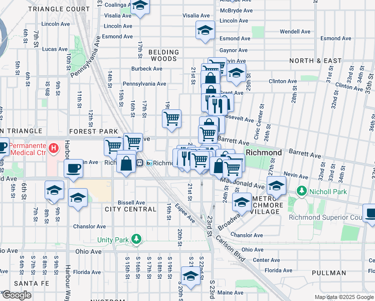 map of restaurants, bars, coffee shops, grocery stores, and more near 455 20th Street in Richmond