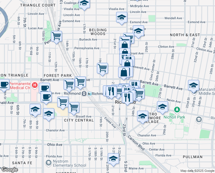 map of restaurants, bars, coffee shops, grocery stores, and more near 455 20th Street in Richmond