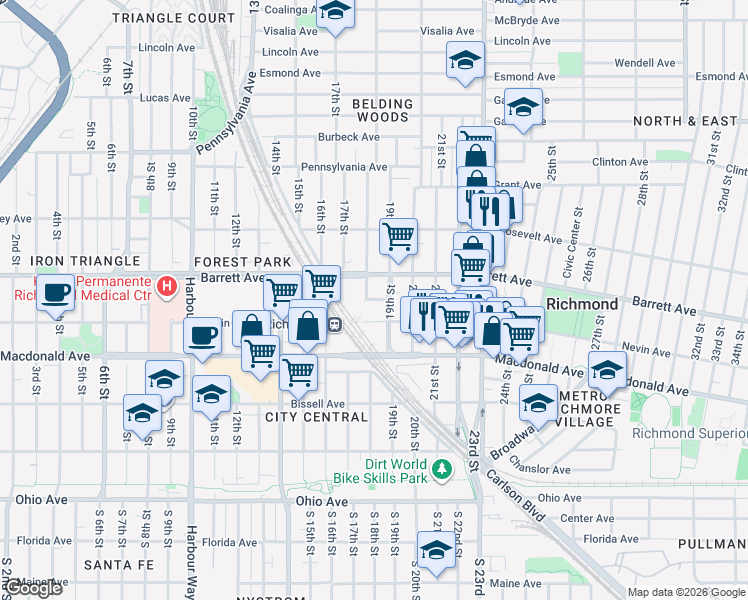 map of restaurants, bars, coffee shops, grocery stores, and more near 465 19th Street in Richmond