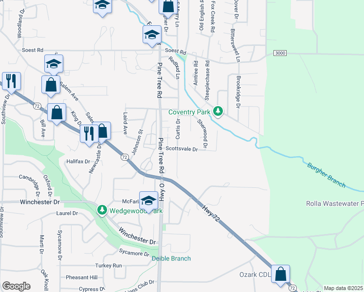 map of restaurants, bars, coffee shops, grocery stores, and more near 608 Curtis Drive in Rolla