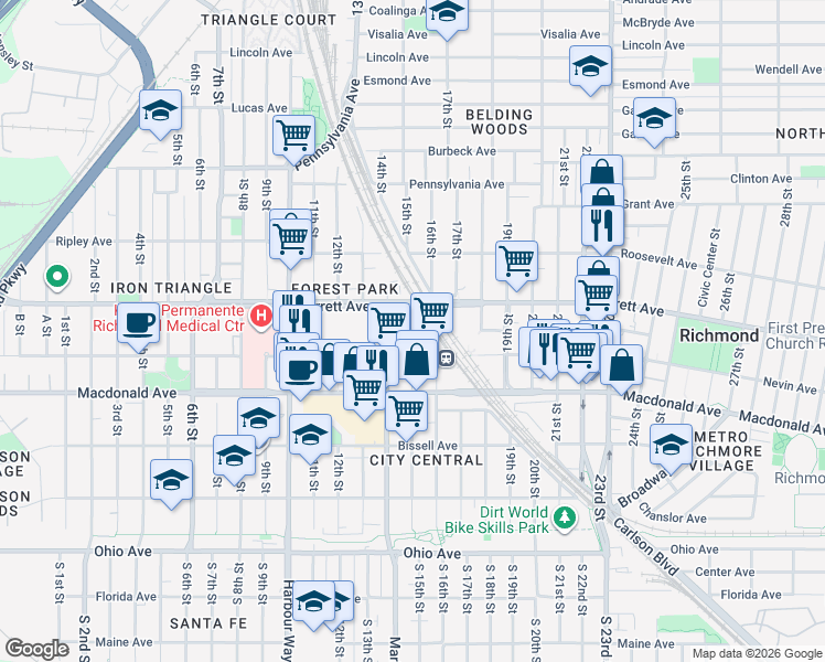 map of restaurants, bars, coffee shops, grocery stores, and more near 427 Metro Walk Way in Richmond