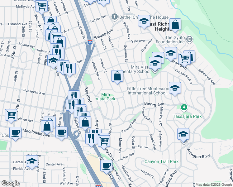 map of restaurants, bars, coffee shops, grocery stores, and more near 5422 Zara Avenue in El Cerrito