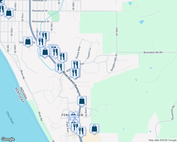 map of restaurants, bars, coffee shops, grocery stores, and more near 15 Lausanne Court in Tell City