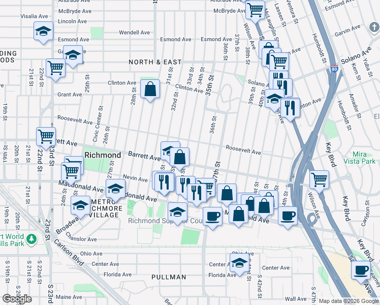 map of restaurants, bars, coffee shops, grocery stores, and more near 561 35th Street in Richmond