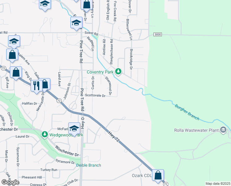 map of restaurants, bars, coffee shops, grocery stores, and more near 513 Ashley Drive in Rolla