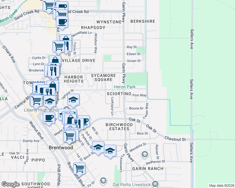 map of restaurants, bars, coffee shops, grocery stores, and more near 919 Snapdragon Way in Brentwood