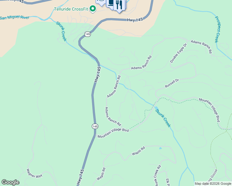 map of restaurants, bars, coffee shops, grocery stores, and more near 100-178 Adams Ranch Rd in Mountain Village