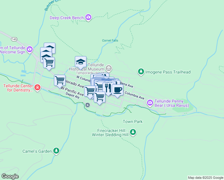 map of restaurants, bars, coffee shops, grocery stores, and more near 135 West Columbia Avenue in Telluride