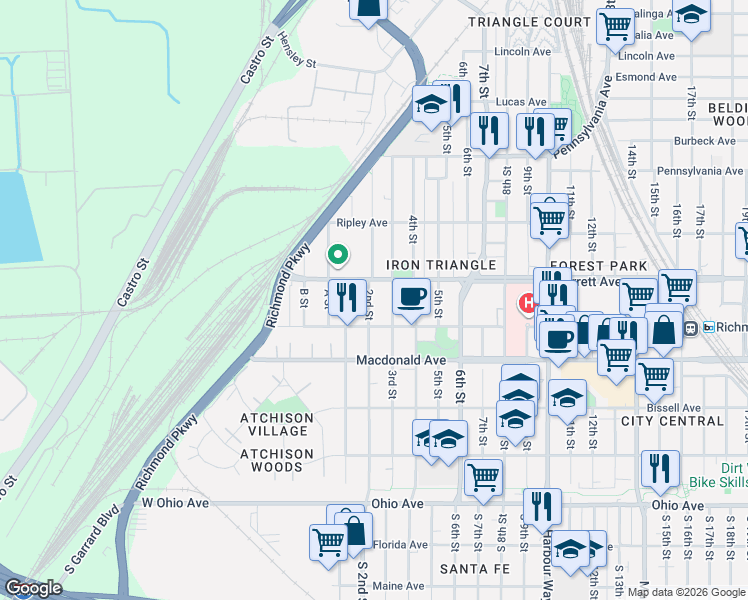 map of restaurants, bars, coffee shops, grocery stores, and more near 448 2nd Street in Richmond
