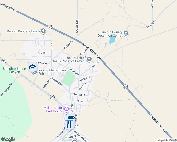 map of restaurants, bars, coffee shops, grocery stores, and more near 105 Main Street in Pioche