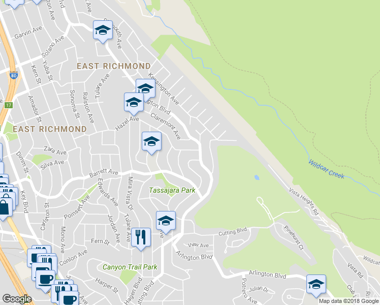 map of restaurants, bars, coffee shops, grocery stores, and more near 6524 Alta Vista Drive in El Cerrito