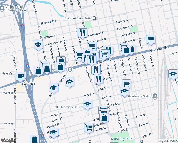 map of restaurants, bars, coffee shops, grocery stores, and more near 1432 South Center Street in Stockton