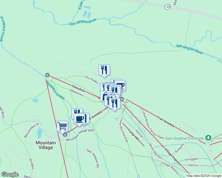 map of restaurants, bars, coffee shops, grocery stores, and more near 561 Mountain Village Boulevard in Mountain Village