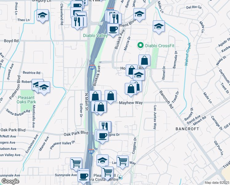 map of restaurants, bars, coffee shops, grocery stores, and more near 452 Shaw Road in Walnut Creek