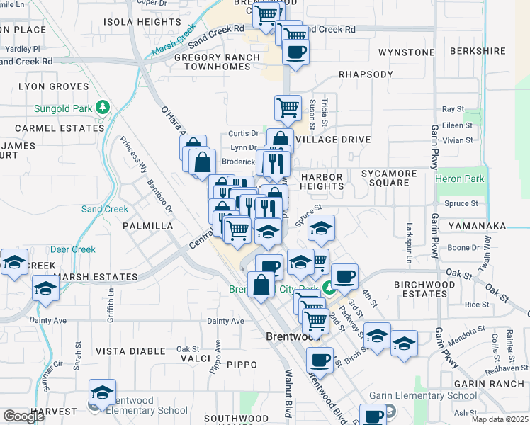 map of restaurants, bars, coffee shops, grocery stores, and more near 1200 Central Boulevard in Brentwood