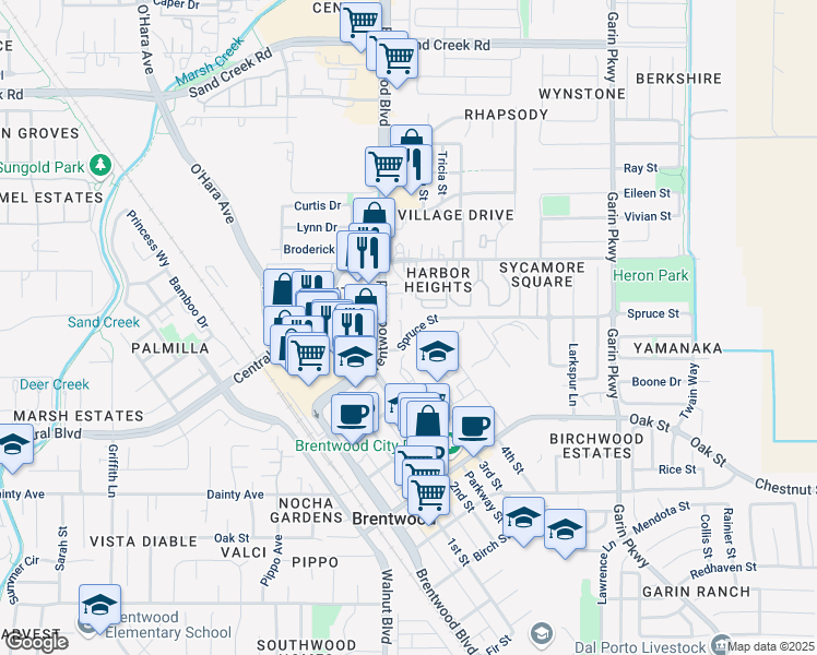 map of restaurants, bars, coffee shops, grocery stores, and more near 29 Spruce Street in Brentwood