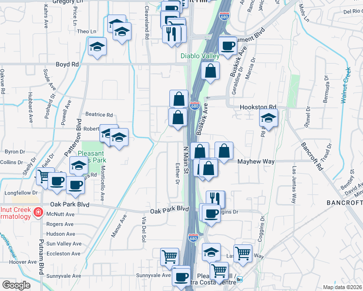 map of restaurants, bars, coffee shops, grocery stores, and more near 105 Astrid Drive in Pleasant Hill
