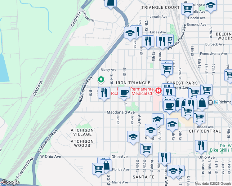 map of restaurants, bars, coffee shops, grocery stores, and more near 451 3rd Street in Richmond
