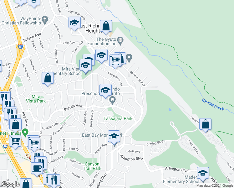 map of restaurants, bars, coffee shops, grocery stores, and more near 2644 Monte Vista Avenue in El Cerrito
