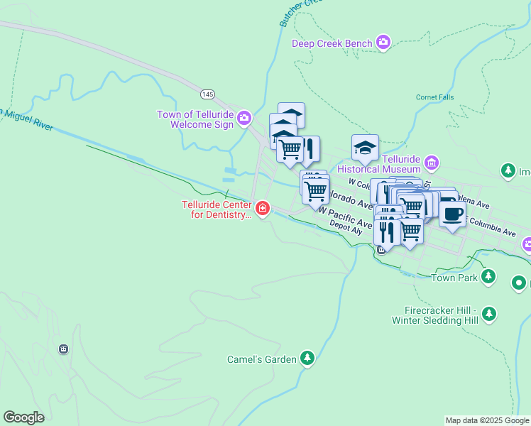 map of restaurants, bars, coffee shops, grocery stores, and more near 300 Mahoney Drive in Telluride