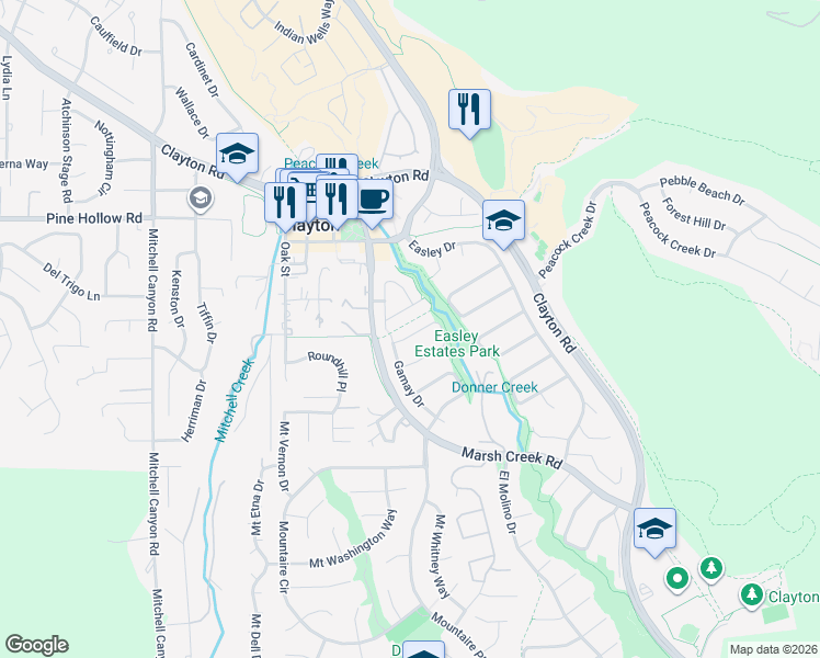 map of restaurants, bars, coffee shops, grocery stores, and more near 314 Semillon Circle in Clayton