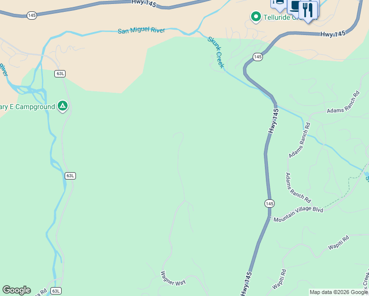 map of restaurants, bars, coffee shops, grocery stores, and more near 1422 Wagner Way in San Miguel County
