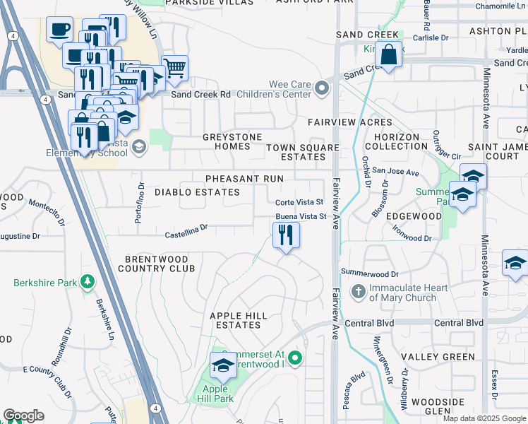 map of restaurants, bars, coffee shops, grocery stores, and more near 1525 Buena Vista Street in Brentwood