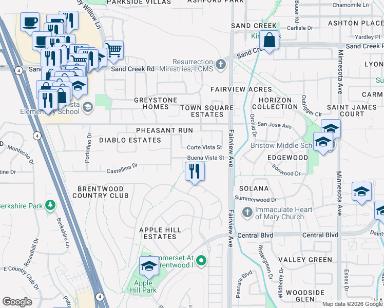 map of restaurants, bars, coffee shops, grocery stores, and more near 1517 Buena Vista Street in Brentwood