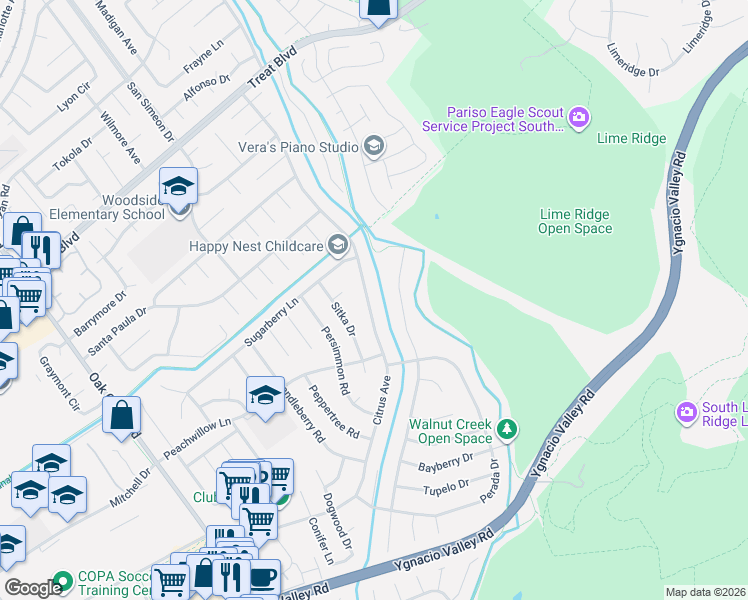 map of restaurants, bars, coffee shops, grocery stores, and more near 3653 Citrus Avenue in Walnut Creek