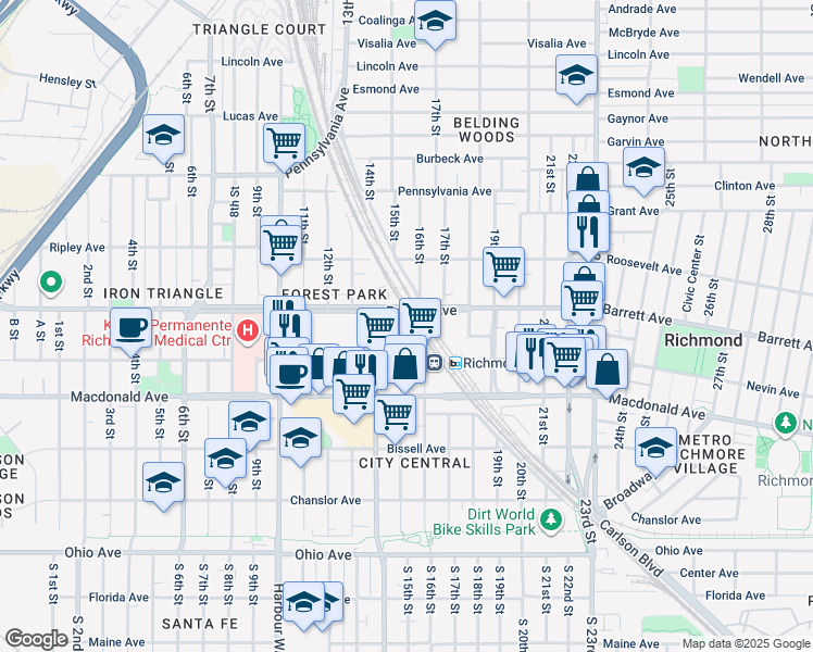 map of restaurants, bars, coffee shops, grocery stores, and more near 427 Metro Walk Way in Richmond