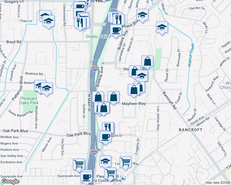 map of restaurants, bars, coffee shops, grocery stores, and more near 81 Mayhew Way in Walnut Creek