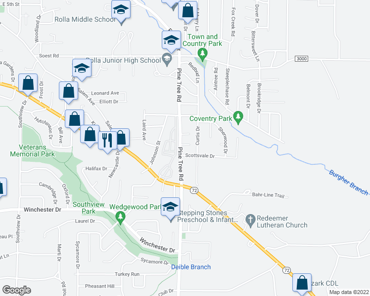 map of restaurants, bars, coffee shops, grocery stores, and more near 605 Waterford Court in Rolla