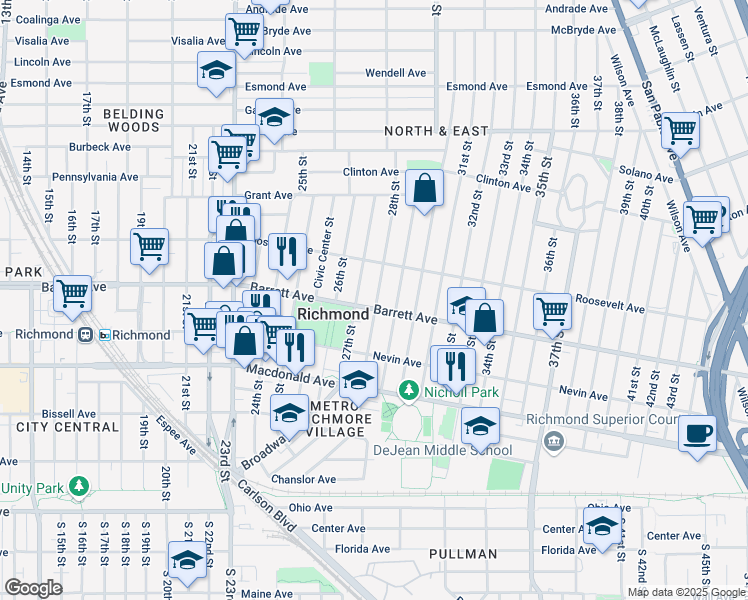 map of restaurants, bars, coffee shops, grocery stores, and more near 509 28th Street in Richmond