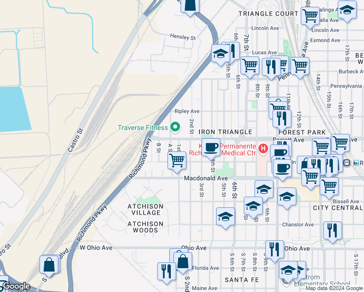 map of restaurants, bars, coffee shops, grocery stores, and more near 458 1st Street in Richmond