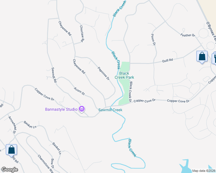 map of restaurants, bars, coffee shops, grocery stores, and more near 1175 Papoose Drive in Copperopolis