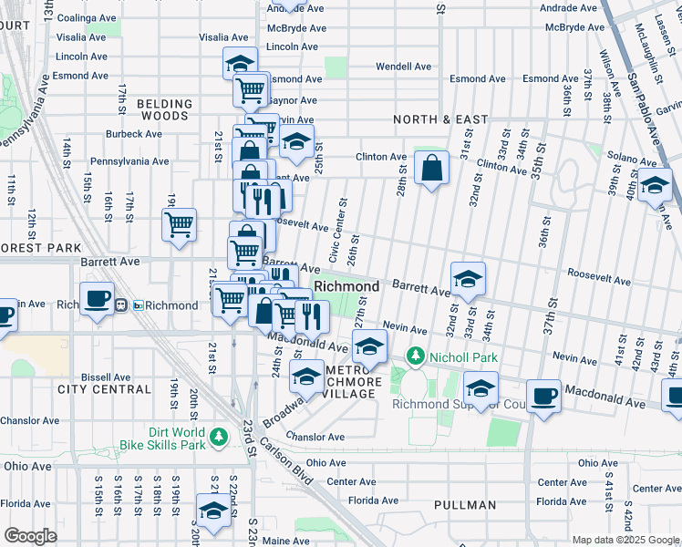 map of restaurants, bars, coffee shops, grocery stores, and more near 2600 Barrett Avenue in Richmond