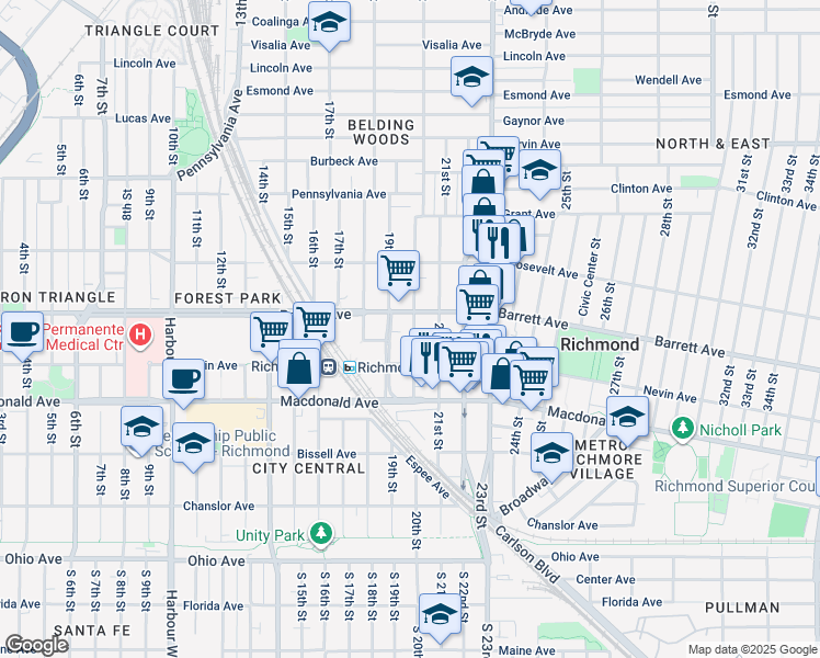 map of restaurants, bars, coffee shops, grocery stores, and more near 455 20th Street in Richmond