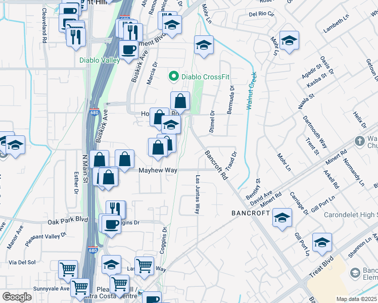 map of restaurants, bars, coffee shops, grocery stores, and more near 981 Bancroft Road in Concord