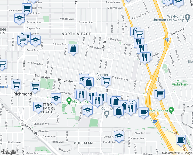 map of restaurants, bars, coffee shops, grocery stores, and more near 561 35th Street in Richmond