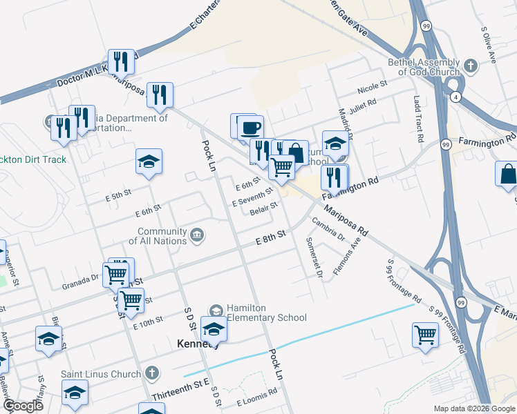 map of restaurants, bars, coffee shops, grocery stores, and more near 2459 Belair Street in Stockton