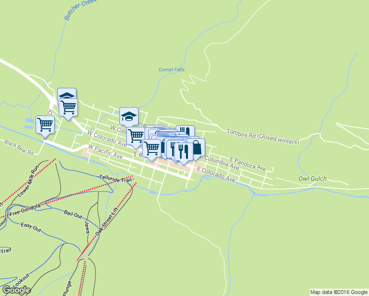 map of restaurants, bars, coffee shops, grocery stores, and more near 135 East Columbia Avenue in Telluride