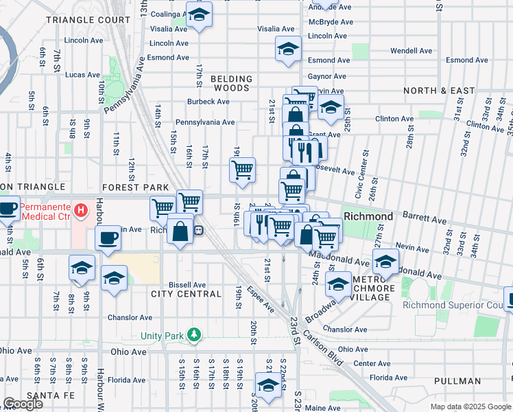 map of restaurants, bars, coffee shops, grocery stores, and more near 456 20th Street in Richmond