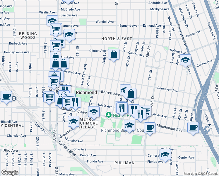 map of restaurants, bars, coffee shops, grocery stores, and more near 527 30th Street in Richmond