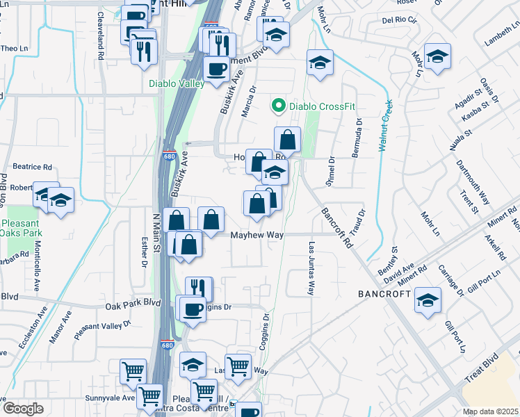 map of restaurants, bars, coffee shops, grocery stores, and more near 3339 Vincent Road in Pleasant Hill