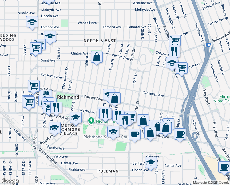 map of restaurants, bars, coffee shops, grocery stores, and more near 552 33rd Street in Richmond