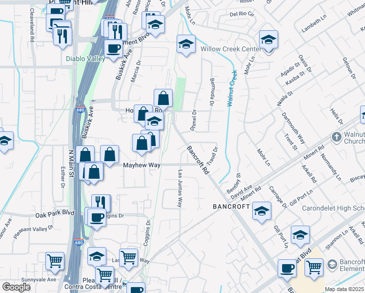 map of restaurants, bars, coffee shops, grocery stores, and more near 951 Bancroft Road in Concord