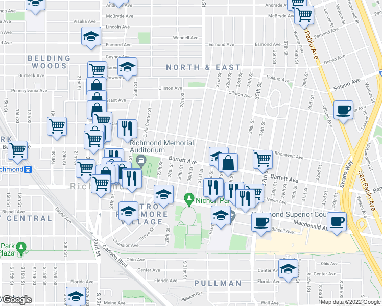 map of restaurants, bars, coffee shops, grocery stores, and more near 527 30th Street in Richmond