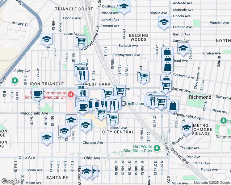 map of restaurants, bars, coffee shops, grocery stores, and more near 427 Metro Walk Way in Richmond